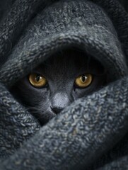 Sticker - A cat peeking out from under a blanket with yellow eyes. Generative AI.