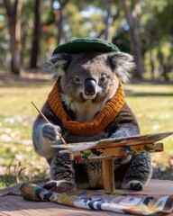 Poster - A koala bear wearing a hat and scarf sitting on top of table. Generative AI.