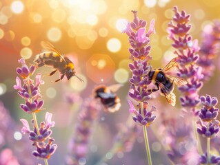 Wall Mural - A group of bees are flying around on lavender flowers. Generative AI.