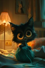 Wall Mural - A black kitten sitting on a bed with yarn in its mouth. Generative AI.