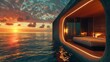 Waking up to a stunning sunrise over the ocean horizon casting a warm and golden light into the tranquil underwater suite. 2d flat cartoon.