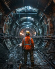 Poster - A man in orange hard hat standing inside a tunnel. Generative AI.