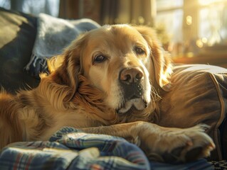 Poster - A dog laying on a couch with its head resting in the crook of someone's arm. Generative AI.