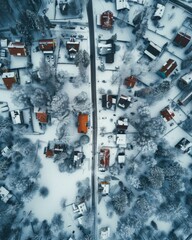 Wall Mural - An aerial view of a snowy city with trees and houses. Generative AI.