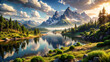 Calm mountain lake landscape, nature wallpaper design. Generative ai