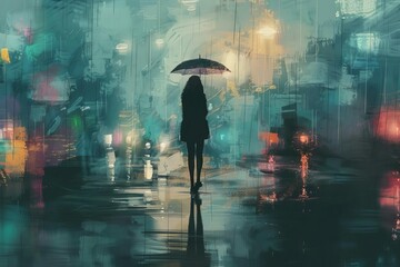 Wall Mural - woman standing alone in the rain contemplative mood emotional concept digital painting