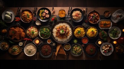 Wall Mural - Dinner table with various food seen from top view image.