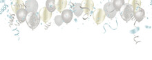 Silver Balloons, Confetti And Streamers On White Background. Vector Illustration Celebration Template