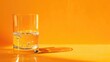 Half full glass of water on reflective orange surface with drops