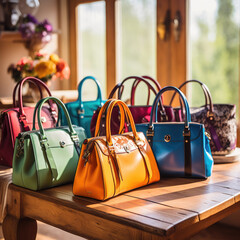 Colourful expensive luxury purses on a table in a fashion store