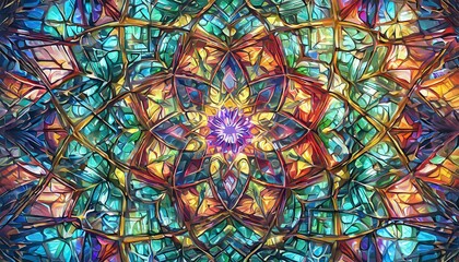 Mandala background with stained glass effect and primary colors. Kaleidoscope art lovers and artistic design. Mandala patterns with stained glass and kaleidoscope effect for dynamic backgrounds.