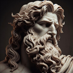 Handsome marble statue of powerful greek god Zeus over dark background, The powerful king of the gods in ancient Greek religion.	