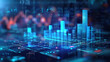 Perspective view of stock market growth, business investing and data concept with digital financial chart graphs, diagrams and indicators on dark blue blurry background