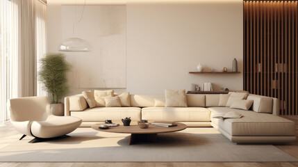 Wall Mural - Minimalist interior design of modern living room with beige sofa. Generative AI