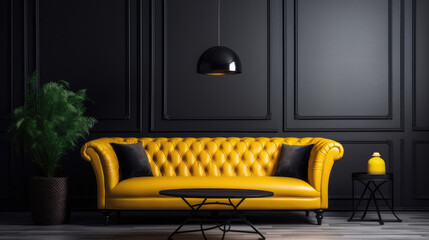 Wall Mural - Luxury yellow tufted sofa against of black paneling wall. Interior design of modern living room. Generative AI