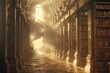 Knowledge discovery in ancient library, soft morning light, eye-level, sepia tones, 