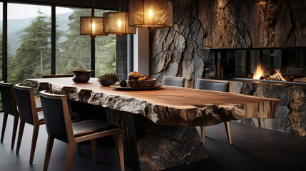 Sticker - Rustic live edge dining table made from wooden slab and logs. Interior design of modern dining room with wild stone cladding wall. Generative AI