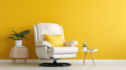 Wall Mural - Recliner chair and white mock up poster frame on yellow wall. Interior design of modern living room. technology. Generative AI