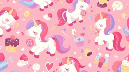 Sticker - 2d illustration featuring an adorable pattern of unicorns and sweets set against a delightful pink backdrop Perfect for adding a whimsical touch to parties prints baby showers wallp