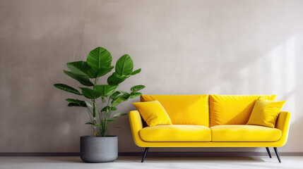 Wall Mural - Vibrant yellow sofa and potted house plant near stucco wall. Minimalist home interior design of modern living room. Generative AI