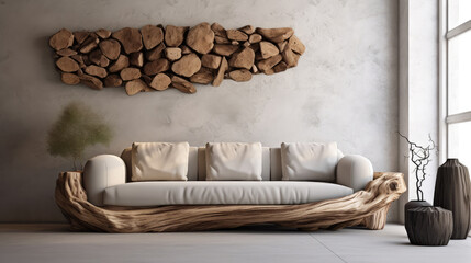 Wall Mural - Unique hand crafted sofa on clay or stone base. Decorative wooden logs as home decor against stucco wall with abstract clay composition. Rustic home interior modern living room. Generative AI