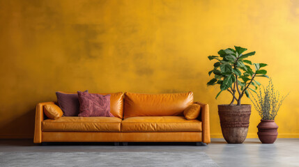 Wall Mural - Yellow leather corner sofa against terra cotta stucco wall with copy space. Loft style home interior design of modern living room. Generative AI