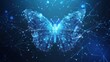 Flying butterfly on a blue retro styled background with silhouettes of plants. AI generated