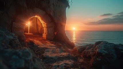 Wall Mural - Empty Tomb of Jesus Christ with Shroud and Crucifixion at Sunrise: Resurrection