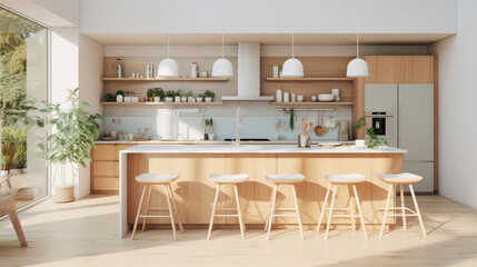 Modern Scandinavian style interior design of kitchen with island and stools. Generative AI