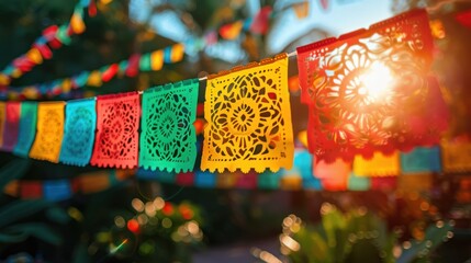 Cinco de Mayo Decorations: Colorful Papel Picado Hanging in the Air