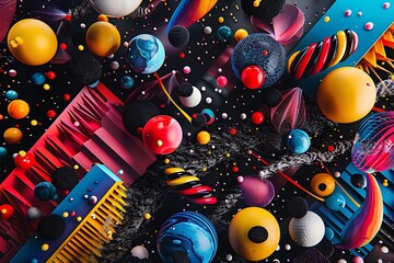 Wall Mural - : A vibrant explosion of colorful shapes, with contrasting textures and patterns, set against a dark monochromatic background