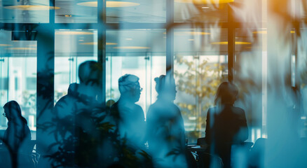 Wall Mural - Window, business people and double exposure in meeting for discussion with audience, listening or training. Seminar, professional employees and conference in boardroom for b2b, networking or planning