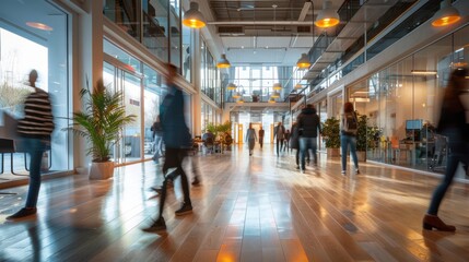 Dynamic Modern Office with Blurred Motion of People Walking in Bright Business Workplace