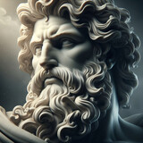 Fototapeta  - Male statue of a Roman deity, muscular Zeus with lightning in his hands in Olympus.