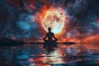 Man silhouette, meditation under stars, full moon, milky way, universe. Man silhouette in water, practicing meditation, contemplating to the stars, milky way. Colorful night sky with full