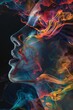 woman face facing the camera of colorful abstract image of colorful abstract liquids with copy space