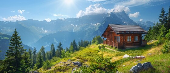 Wall Mural - A wooden house over a lonely green mountain and blue sky a beautiful environment with a big space for text or traveling product advertisement, Generative AI.