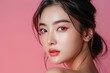 Young Asian beauty woman pulled back hair with korean makeup style touch her face and perfect skin on isolated pink background. Facial treatment, Cosmetology, plastic surgery - generative ai
