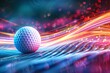 Golf ball over a vigorous, vibrantly colored, digitally generated sport scene depicting neon, electrical discharges, and fire and space, Generative AI.