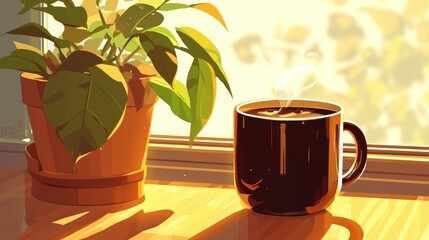 A steaming mug of black coffee sat on the table