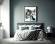 contemporary bedroom, minimalism interior design, decor painting, wall art, simplicity, dark grey, green, 3d, AI