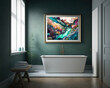  interior design of a minimalism contemporary bathroom, simplistic bathtub, wall art, decor, painting of colourful cobblestones underwater, plant, simplicity, white, green, 3d, AI