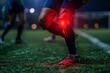 Over a game over stadium grounds, a football player who is hurting from a leg muscle bruise or a red glow injury to their knees and space, Generative AI.
