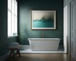 interior design of a minimalism contemporary bathroom, simplistic bathtub, decor painting, wall art, plant, simplicity, white, green, grey, 3d, AI