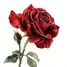 Classic Watercolor Rose, Deep Red Bloom With Velvet Petals On White Backdrop