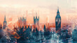 Big Ben and London cityscape double exposure contemporary style minimalist artwork collage illustration
