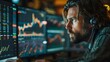 Focused Trader Examining Market Trends on Screens. Concept Stock Market Analysis, Financial Trends, Trading Strategies, Market Data Visualization