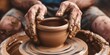 Close shot of a hand molding clay pot on potter wheel with a big space for text or product advertisement best for handmade product backdrop, Generative AI.