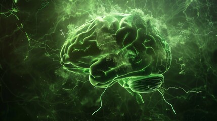 Fototapete - Concept of an Active Human Brain on a Dark Background.Blurry abstract 3d Rendering Abstract Background green Network concept . Future backgroundTechnology concept.