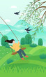 © kody_king - Vector illustration of young girl swinging in spring